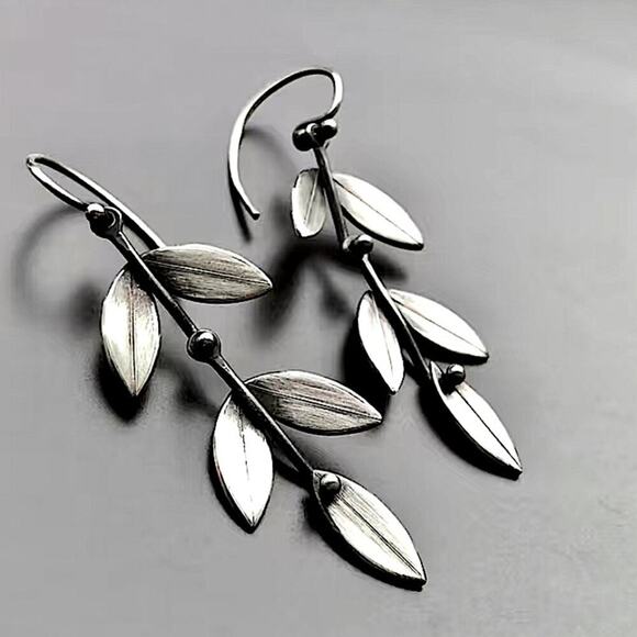 Silver Leaf Drop Flower Boho Vintage Hook Minimalist Earrings - Picture 2 of 6